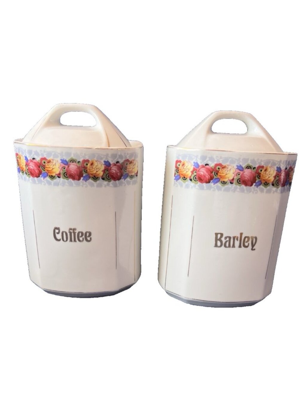 1930s Canister Set 2 Pc w/lids Germany Floral Roses Coffee Barley White Gold
